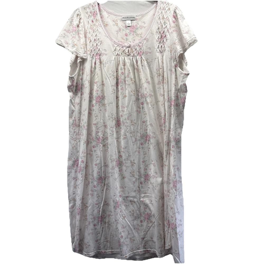 Miss Elaine Women's Nightgown Size Large Pink White Floral Cap Sleeves Pullover - Picture 1 of 8